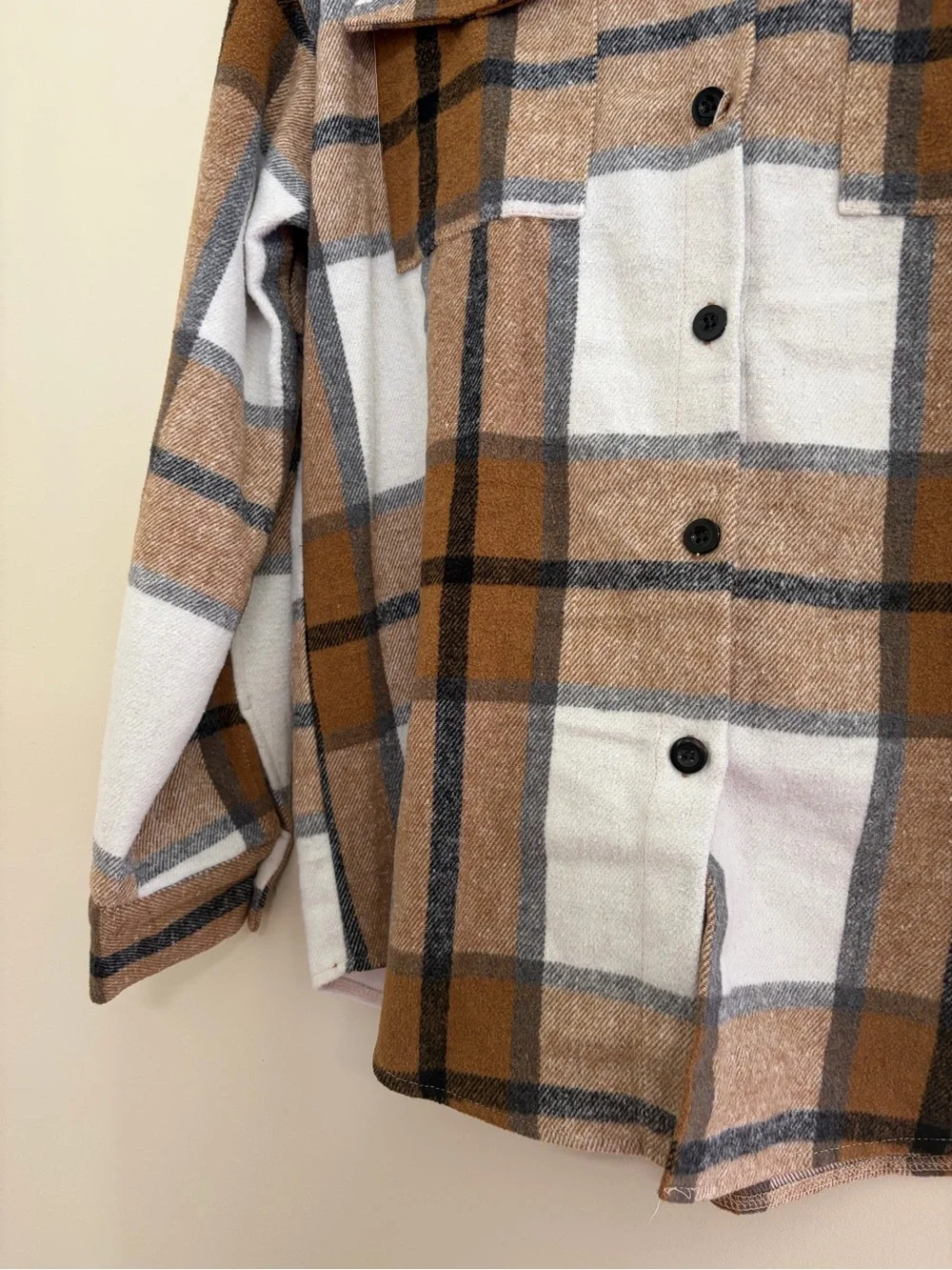 Cozy Plaid Button-Up Shacket in Camel & White